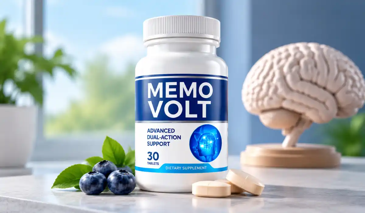MemoVolt bottle on a kitchen counter with brain model
